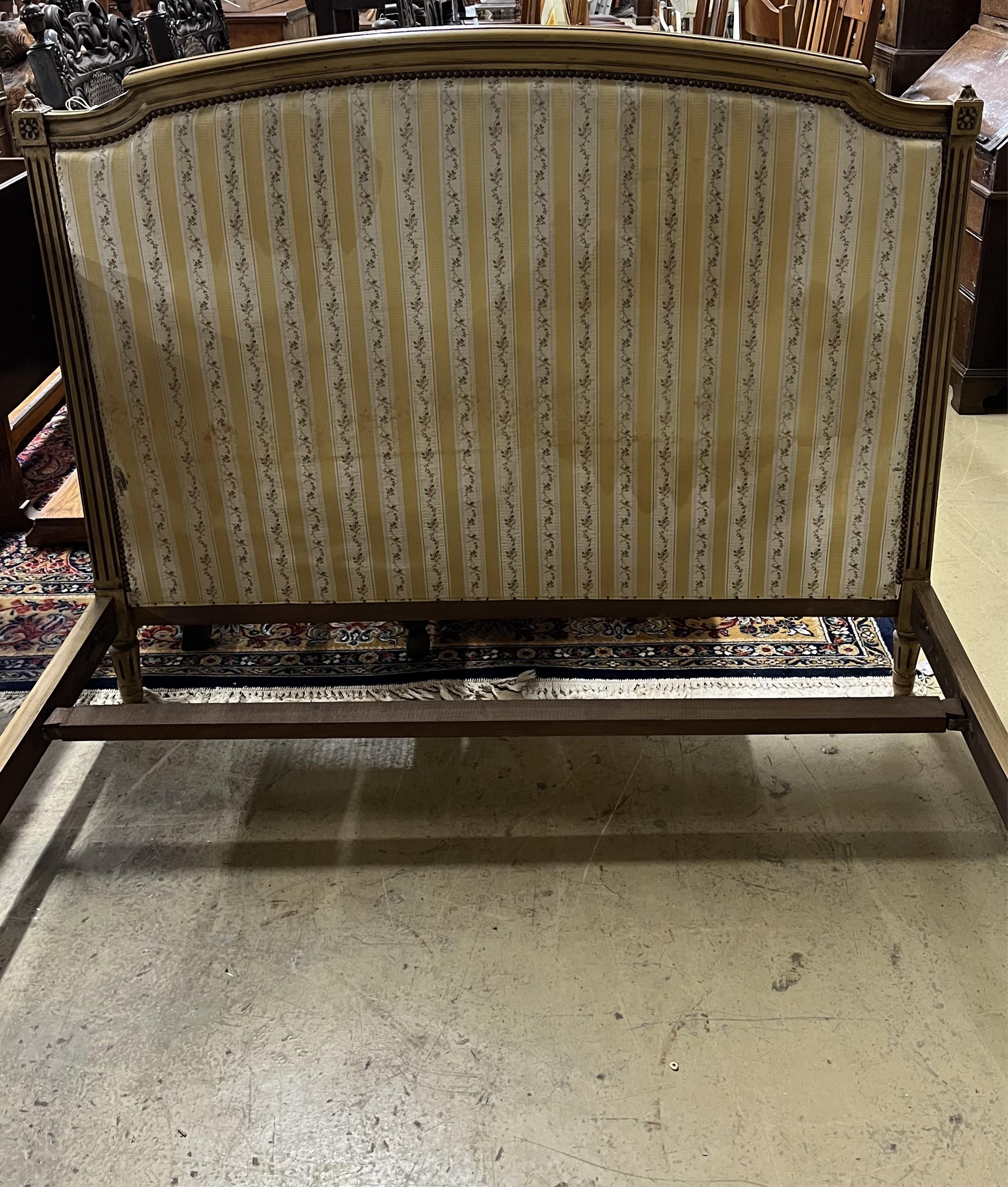 A Louis XVI style upholstered double bed frame, length 200cm, width 146cm, height 120cm. Condition - fair to good